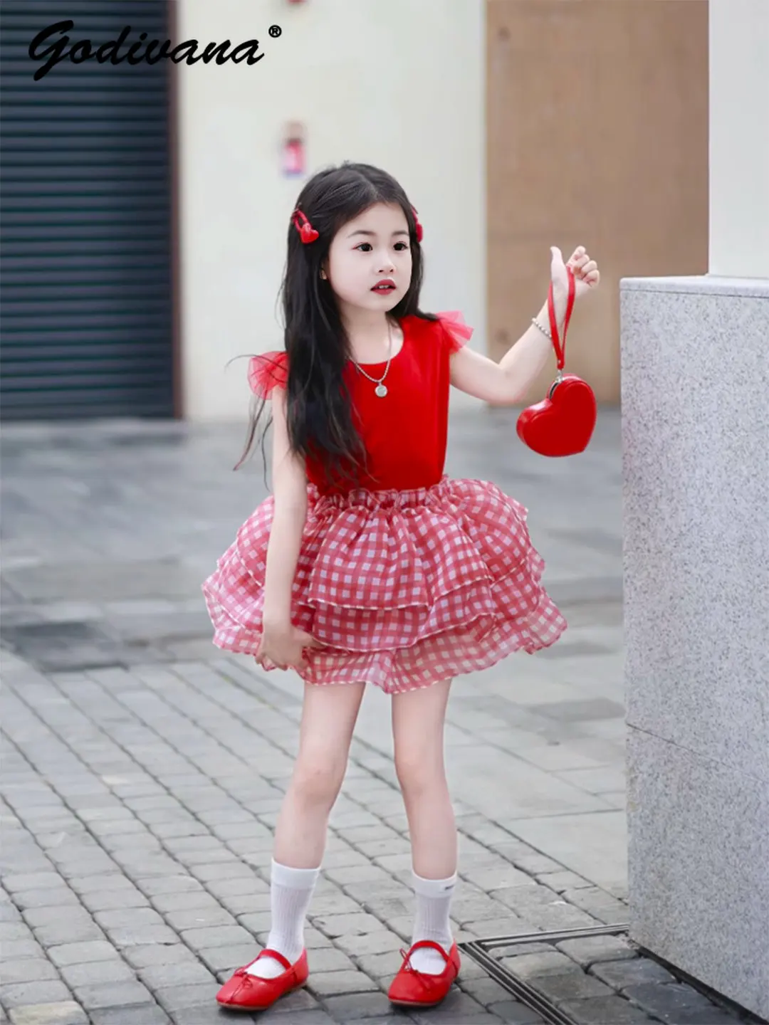 Sweet Baby Girls Summer 2026 New Two Pieces Set Childrens Fashion Red Feifei Sleeves O-neck T-shirt and Mesh Plaid Tutu Skirt