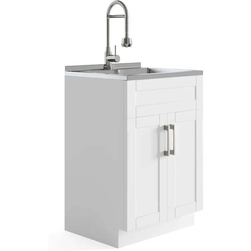 

Hennessy Contemporary 24 Inch Deluxe Laundry Cabinet with Faucet and Stainless Steel Sink in Pure White