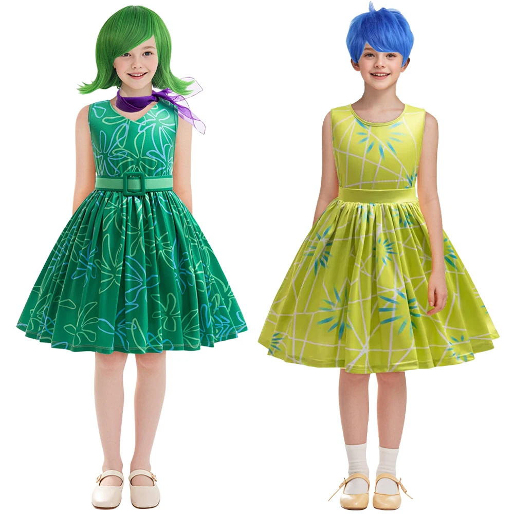 

Inside Out Disgust Joy Cosplay Dresses With Wig For Little Girls Carnival Role-Playing Costume Children's Disguise Ball Dress Up