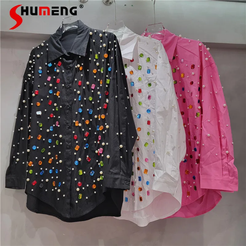 

2025 Women's Spring New Fashion Tops Color Beads Diamond Shirt Women's Loose Medium and Long Casual Trendy Long Sleeve Shirts