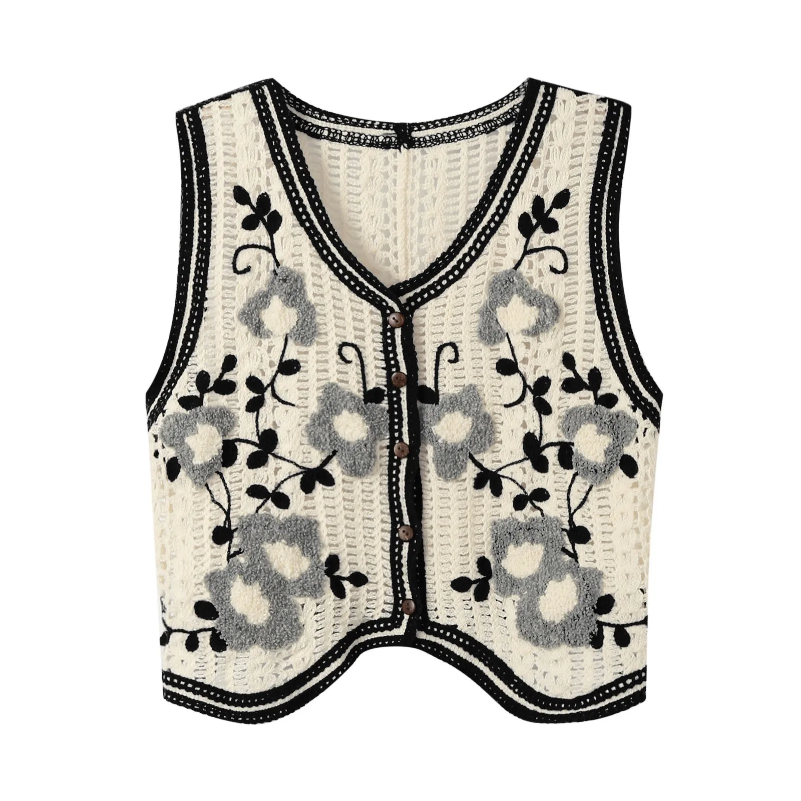 Gilet lavorato a maglia da donna con ricamo floreale ritagliato cardigan all'uncinetto gilet monopetto senza maniche con scollo a V gilet da donna crop top