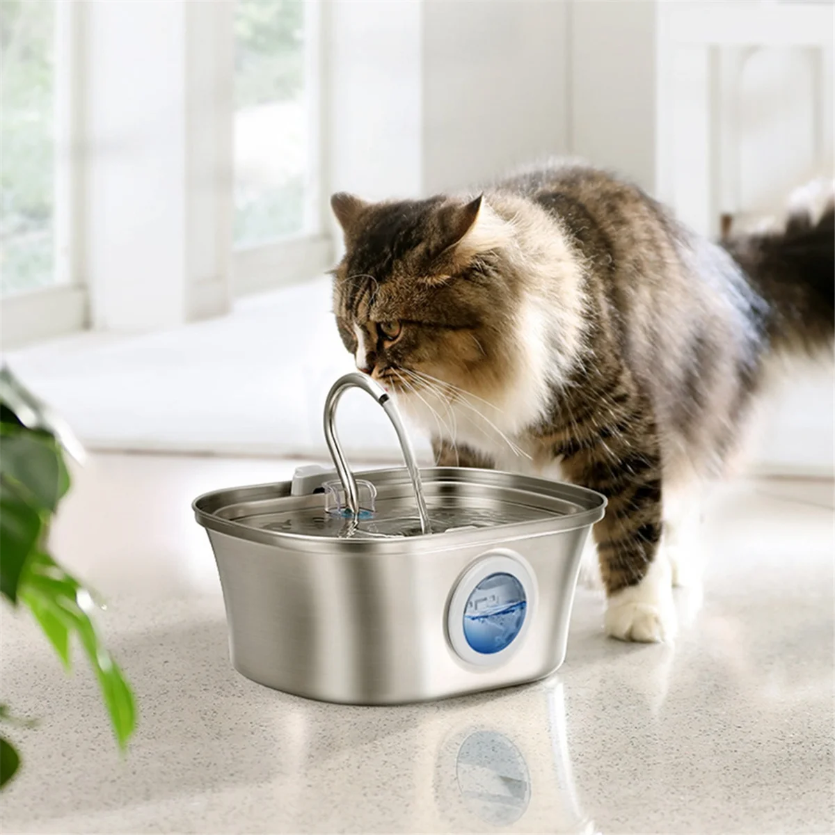 Cat Water Fountain with Water Level Window,Stainless Steel Automatic Pet Water Fountain,Dog Water Dispenser,US Plug