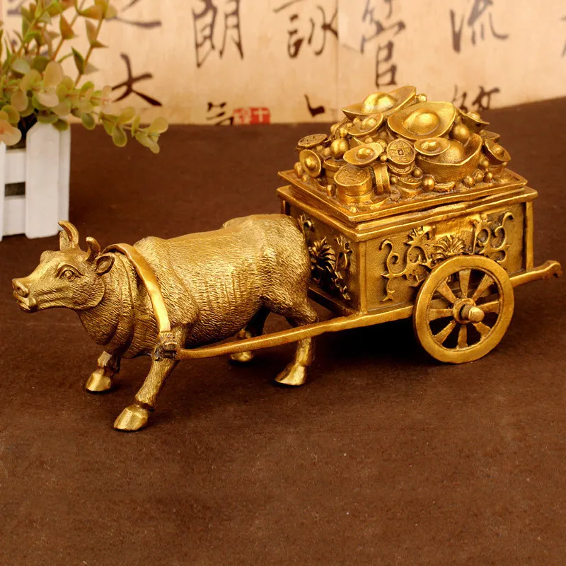 Guyunzhai Yellow Topnew Pull Car Decoration Brass Zodiac Ox Gallstone Topnew Home Office Crafts