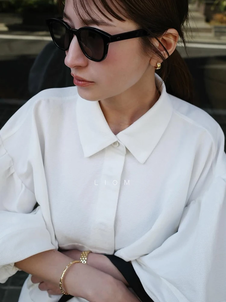 Japanese Elegant Retro Commuter Blouse Polo Collar Bubble Sleeve Single-breasted Versatile Casual Loose Shirts Tops Women Summer