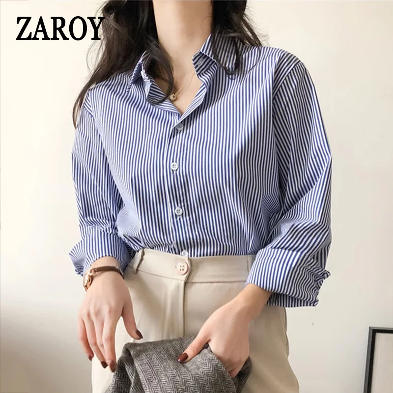 PLAZSON Classic Striped Woman Spring Autumn Blouses Shirt Lady Long Lantern Sleeve Stand Collar Loose Blusas Tops