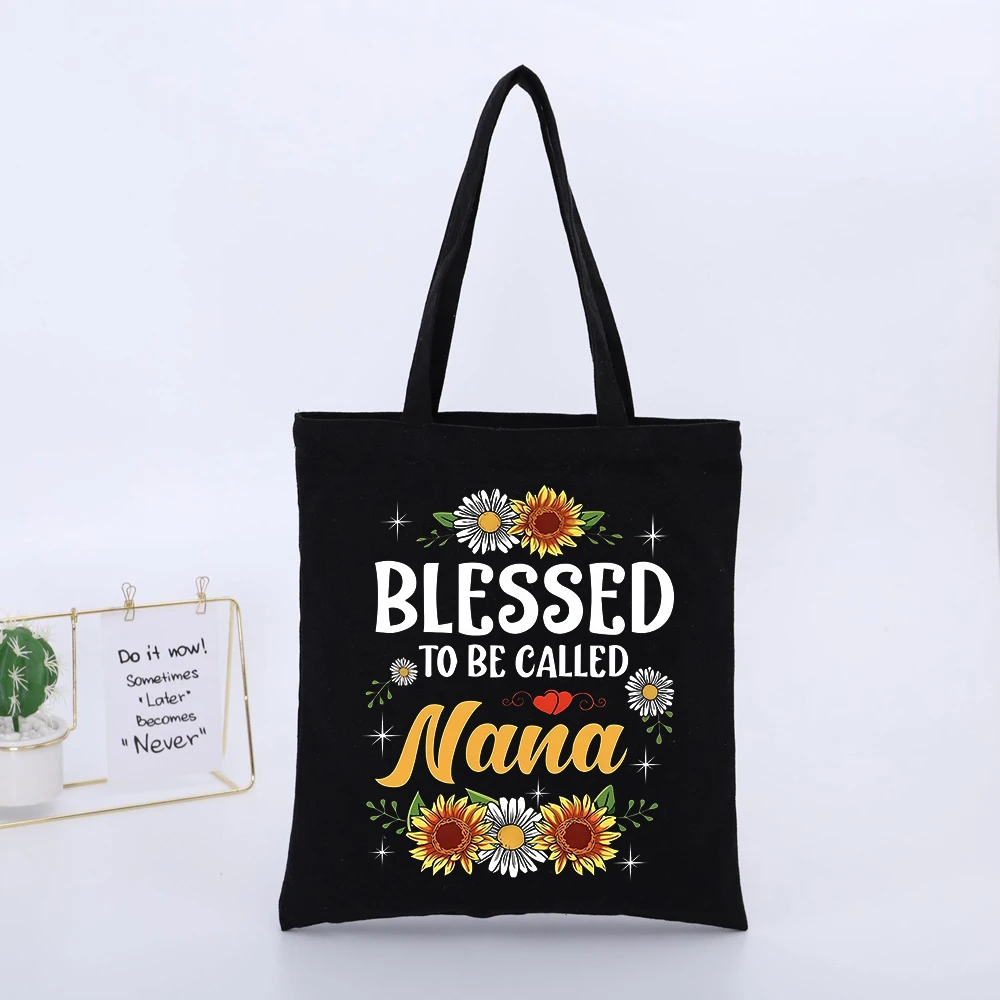 Nana's Sunflower and Daisy Graphic Black Canvas Tote Bag, Casual Style for Daily Shopping and Gifting