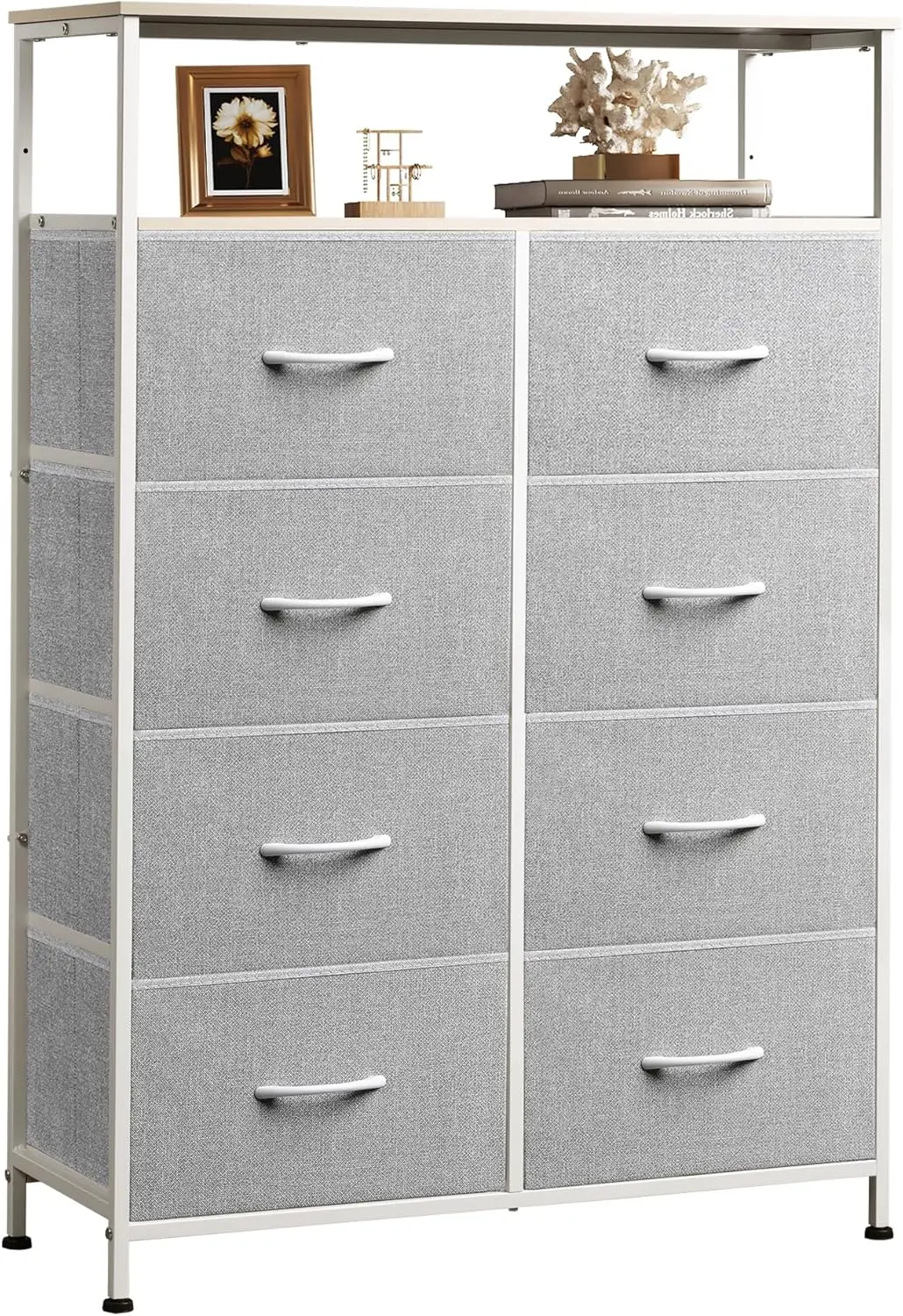 

Fabric Dresser for Bedroom with Open Shelves Tall Dresser with 8 Drawers Storage Tower with Fabric Bins Chest of Drawers for Clo