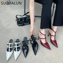 SUOJIALUN 2023 Spring New Pointed Toe Women Sandal Fashion Ankle Starp Thin High Heel Ladies Elegant Pumps Dress Slingback Shoes