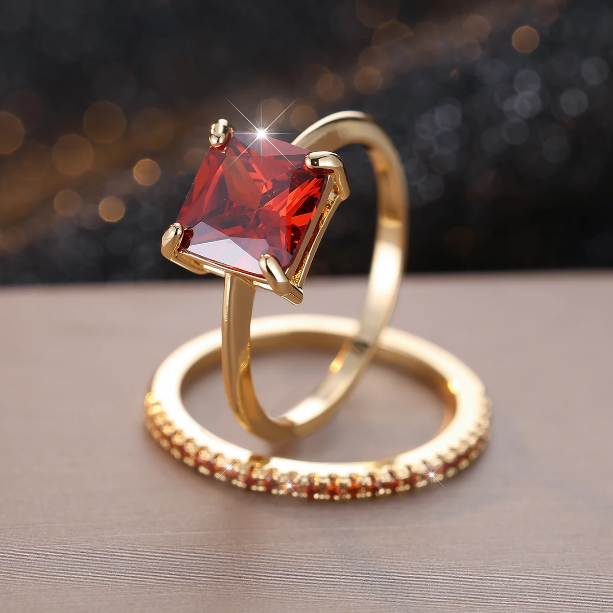 الأميرة قطع الأحمر الأخضر حجر مربع الزركون الزفاف مجموعات الزفاف الذهب اللون التراص خواتم الخطبة للنساء هدايا عيد الأم