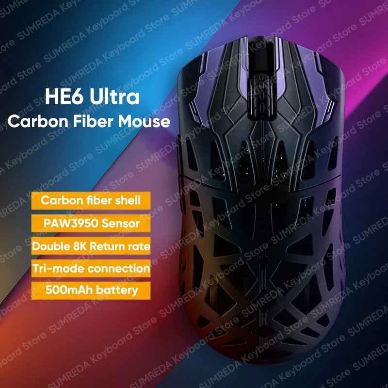 

IROK HE6 ULTRA Carbon fiber shell Gaming Mouse PAW3950 Dual 8K Return Rate 500mAh Battery BT 2.4G Wired FPS Gamer Mouse PC Gifts