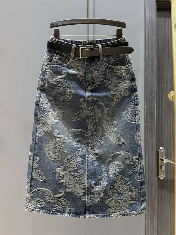 

Ретро джинсовая юбка миди с вышивкой, с завышенной талией, свободного прямого кроя, облегающая, для женщин, повседневная, в художественном стиле