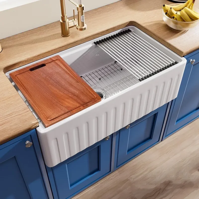For American Home Kitchen Large Single Ceramic Sink French Semi-Embedded Front Retro Style Vegetable Basin Dishwasher Safe