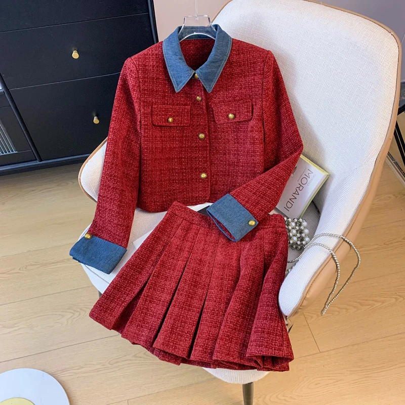 Korean Fashion patchwork Tweed 2 Two Piece Set Women Outfits Spring Crop Top Jacket Coat + Mini Pleated Skirt Suits Elegant chic