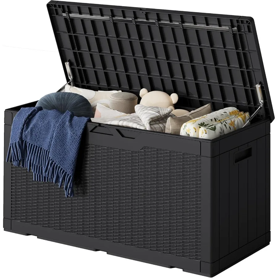 

100 Gallon Resin Deck Box Lockable Large Outdoor Storage Boxes for Garden Tools Patio Furniture Cushions Pool Supplies Black Du