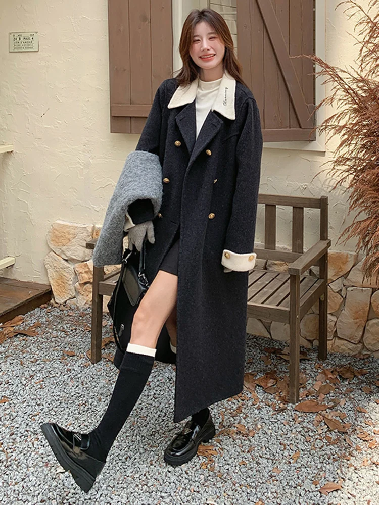 LANMREM Winter Double Wool Long Coat Women\'s Fashion Embroidered Lapel Button Fashion Clothing Korean Style 2024 New 2VV1810