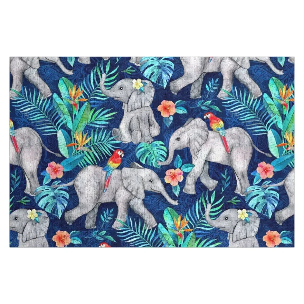 Elephants and Parrots in Indigo Blue Jigsaw Puzzle Personalized Gifts Custom Gift Custom With Personalized Photo Puzzle