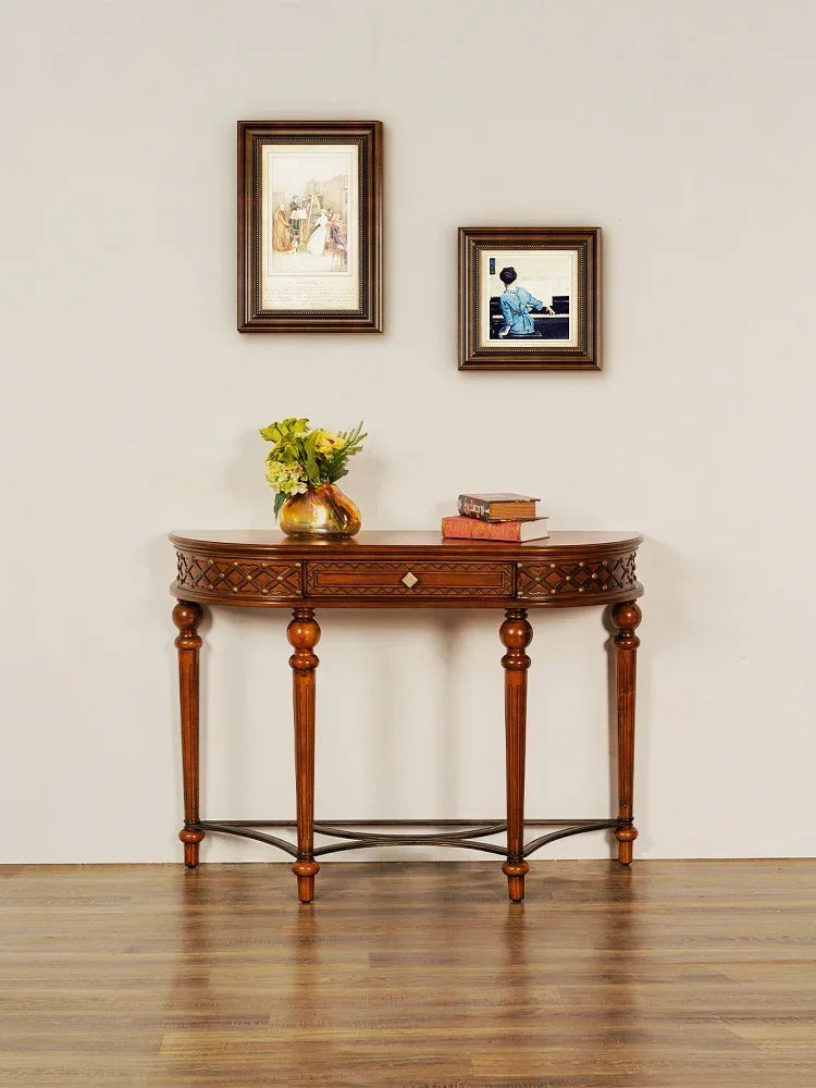Solid wood entrance table American retro facing the foyer French semi-round storage table