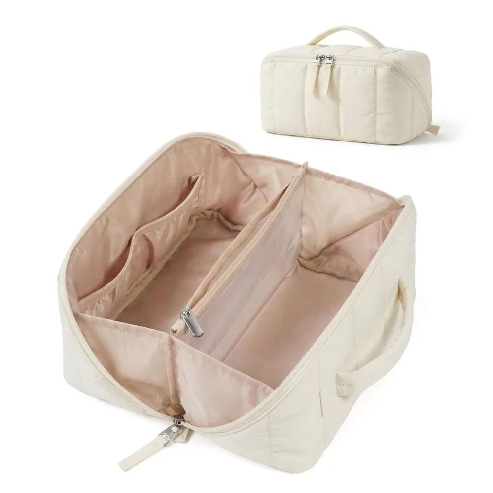 Cute Water-resistant Puffy Padded Makeup Bag Large Capacity Open Flat Toiletry Bag Quilted Portable Cosmetic Case Travel