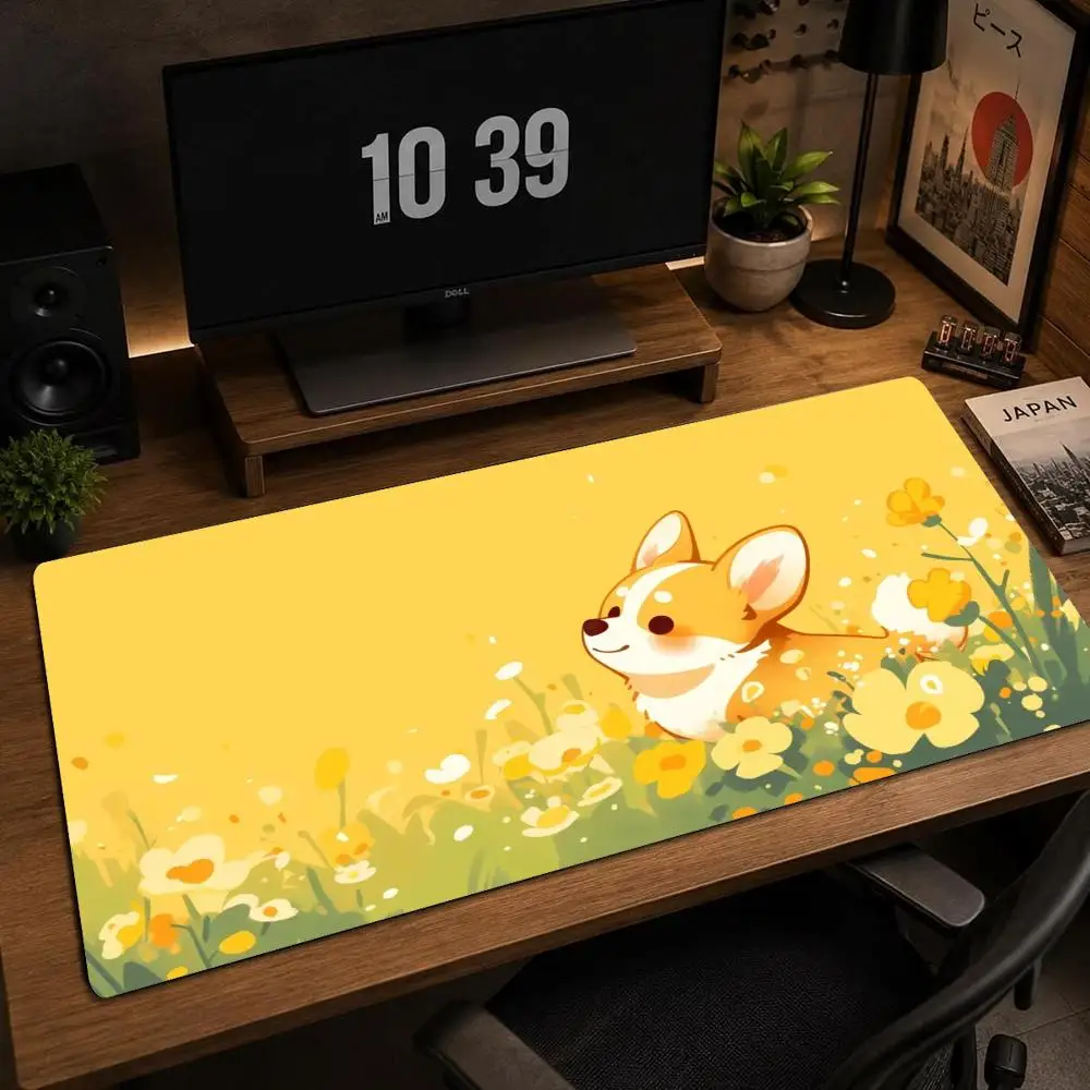 Cute Corgi Flower Field Mouse Pad Kawaii Non-slip Mat Large Pc Gamer Keyboard Deskmat Game Accessories Computer Mousepad XXL