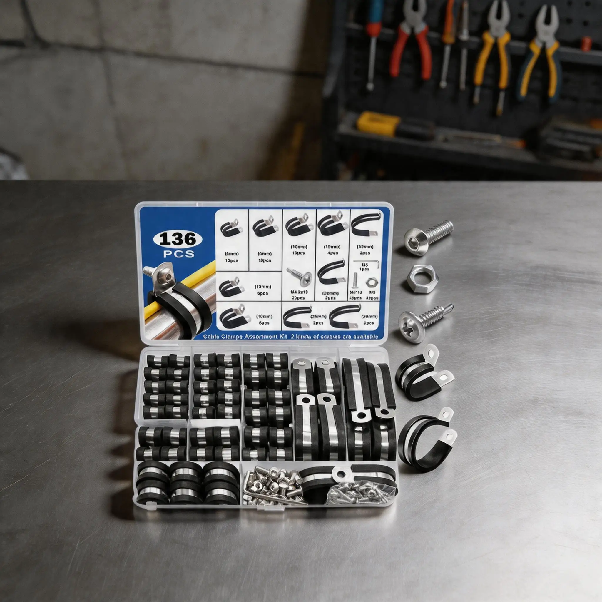 

136PCS 304 Stainless Steel Rubber Cushioned Cable Clamp Holders Assortment Kit Suitable For Ships, Industries & Home Decoration