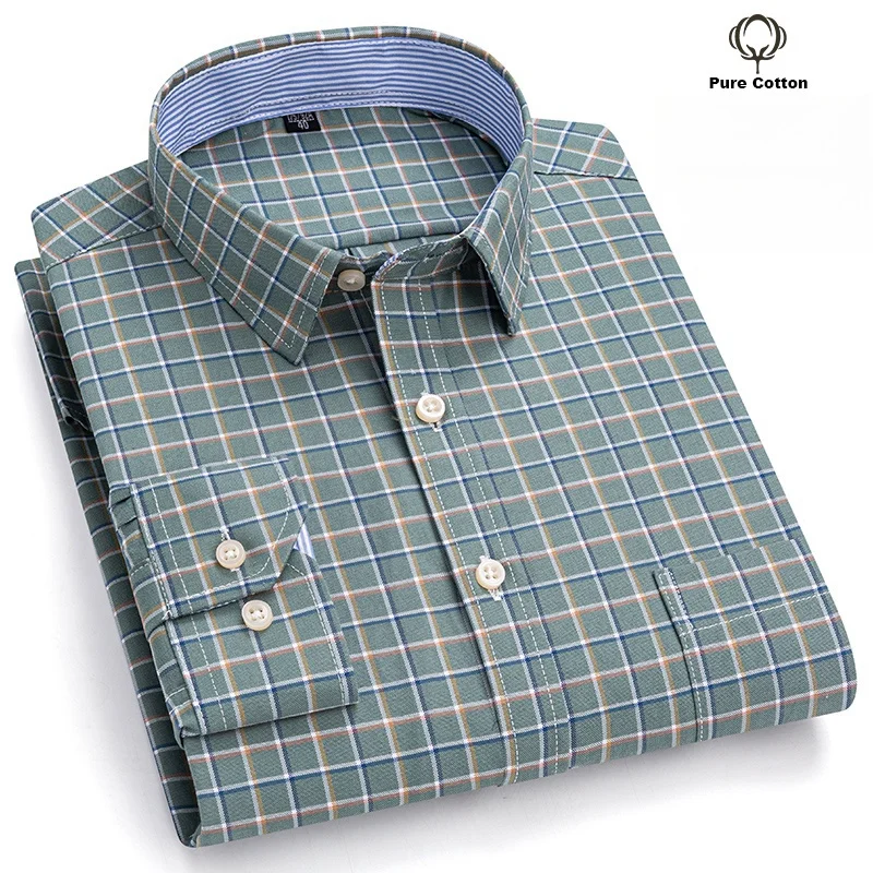 New Quality 100%Cotton Men Oxford Shirt Long Sleeved For Male Comfort Breathable Classic Plaid Regular Fit Casual Social Shirts