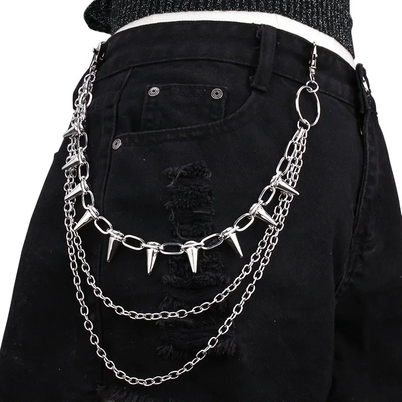 New Punk Spike Rivet Tassel Keychain Jeans Decor Pants Chain Women Men Secure Wallet Heavy Duty Link Coil Leash Jewelry