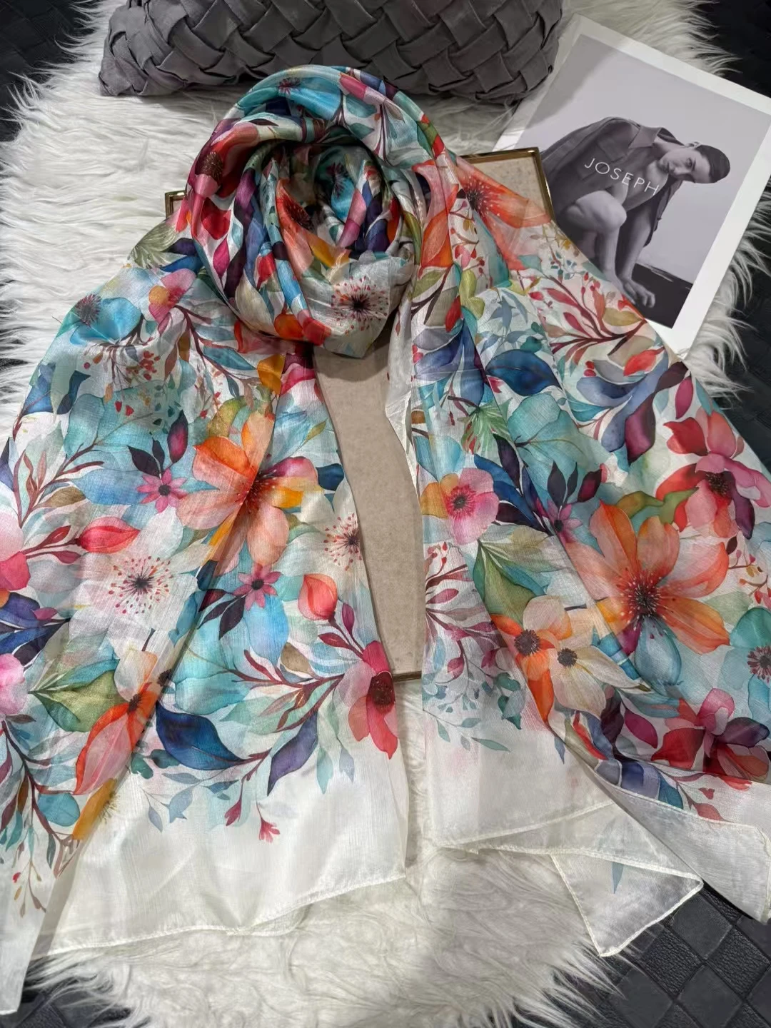 White Blue Women 100% Mulberry Silk Scarf Elegant Floral Design Long Silk Scarf Cape Summer Beach Silk Shawl Wrap Hijab Scarf image 2