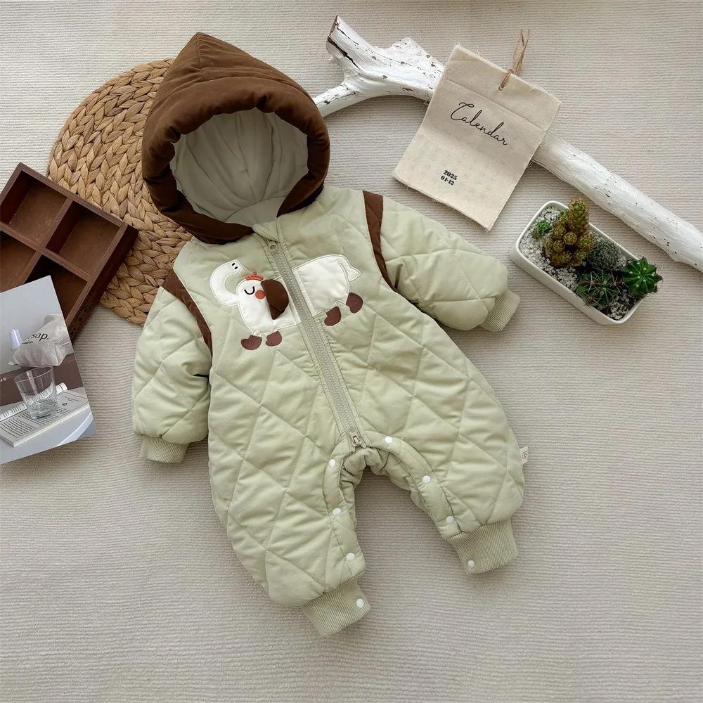 Korean Winter Infant Boys Jumpsuit Hooded Cotton Padded Plus Velvet Cartoon Elephant Baby Boys Rompers Newborn Boys Parkas