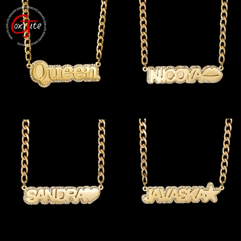 

Goxijite Custom Name Necklace Women Stainless Steel Double Layer Welded Nameplate Outer Stone Necklaces Best Jewelry Party Gift