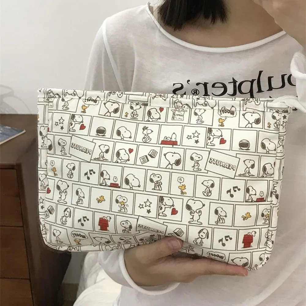 Cute Grid Print Snoopy Makeup Bag Large Capacity Portable Multi-Layer Storage Bag Cartoon Student Desktop Stationery Storage Bag