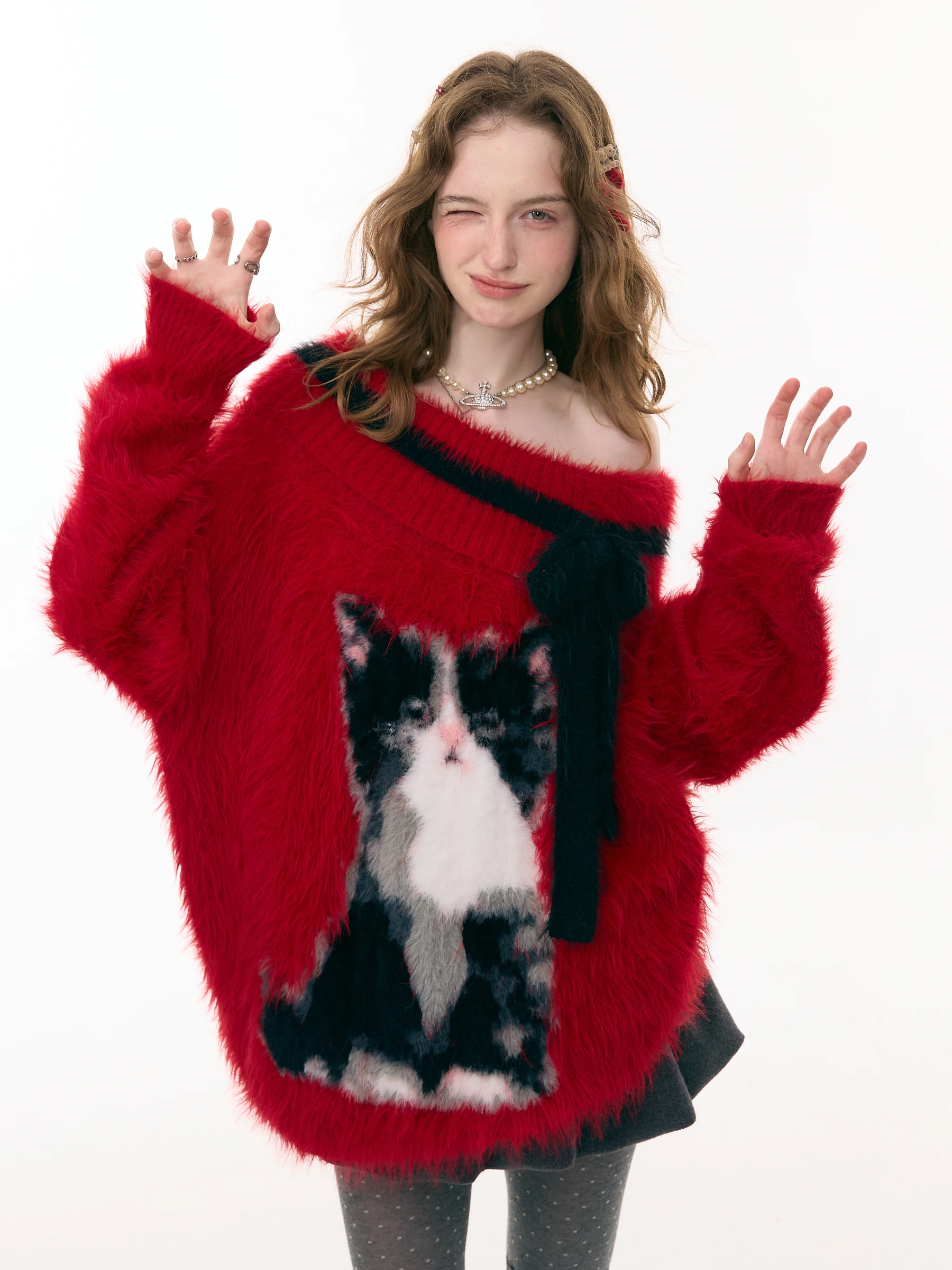 

ZiziFei Cisas New Year Pattern Red Sweater Women's Loose Fit Long Sve Knot Vintage Sle Fce Knitwear