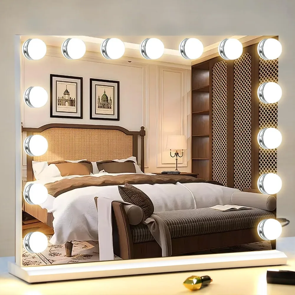 

Lighted Makeup Mirror with 15 Dimmable LEDs, USB Port, Detachable 10X Magnifier, and 3 Lighting Modes