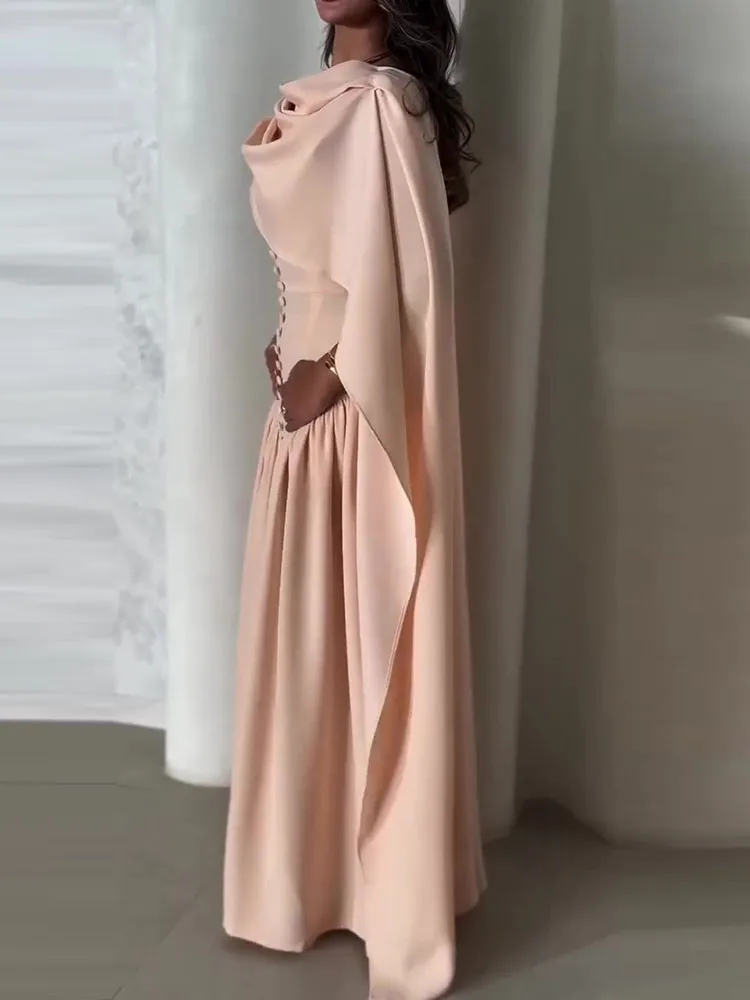 Temperament Solid Color Dress Fashion  A-line O-Neck Long Dresses Luxury Nipped Waist Sleeveless Shawl Collar Banquet Dress