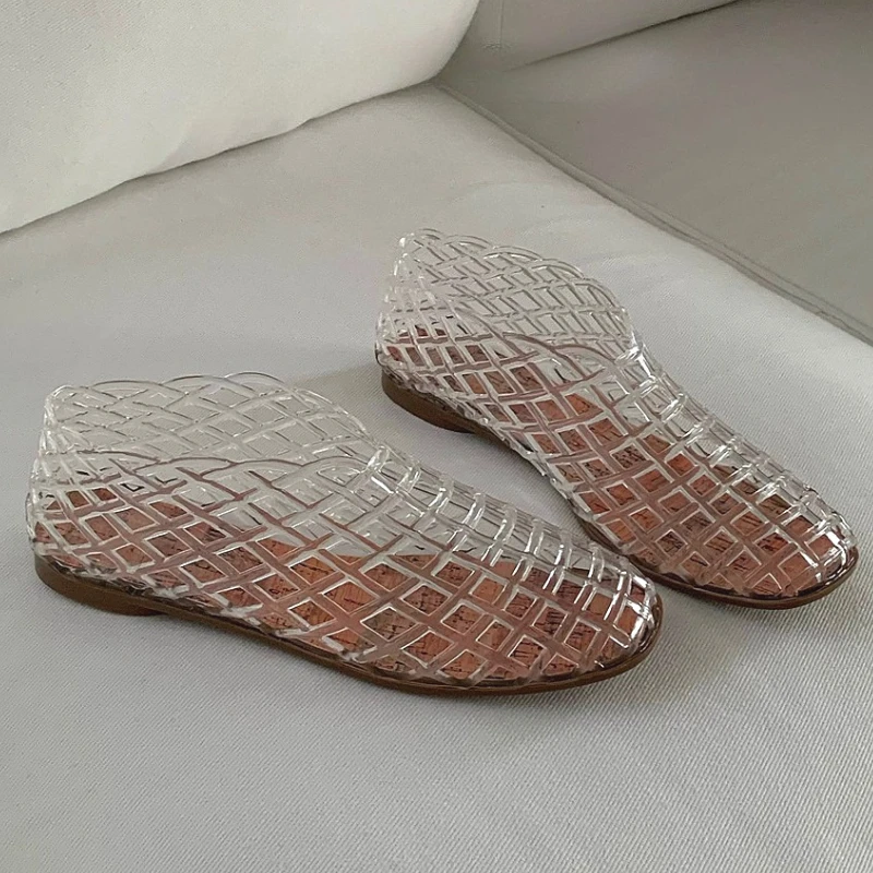 Women's New Flat Sandals with Hollow Transparent Color Mesh Jelly Shoes Woman Daily Walking Flats Plus Size 41 Soft PVC Footwear
