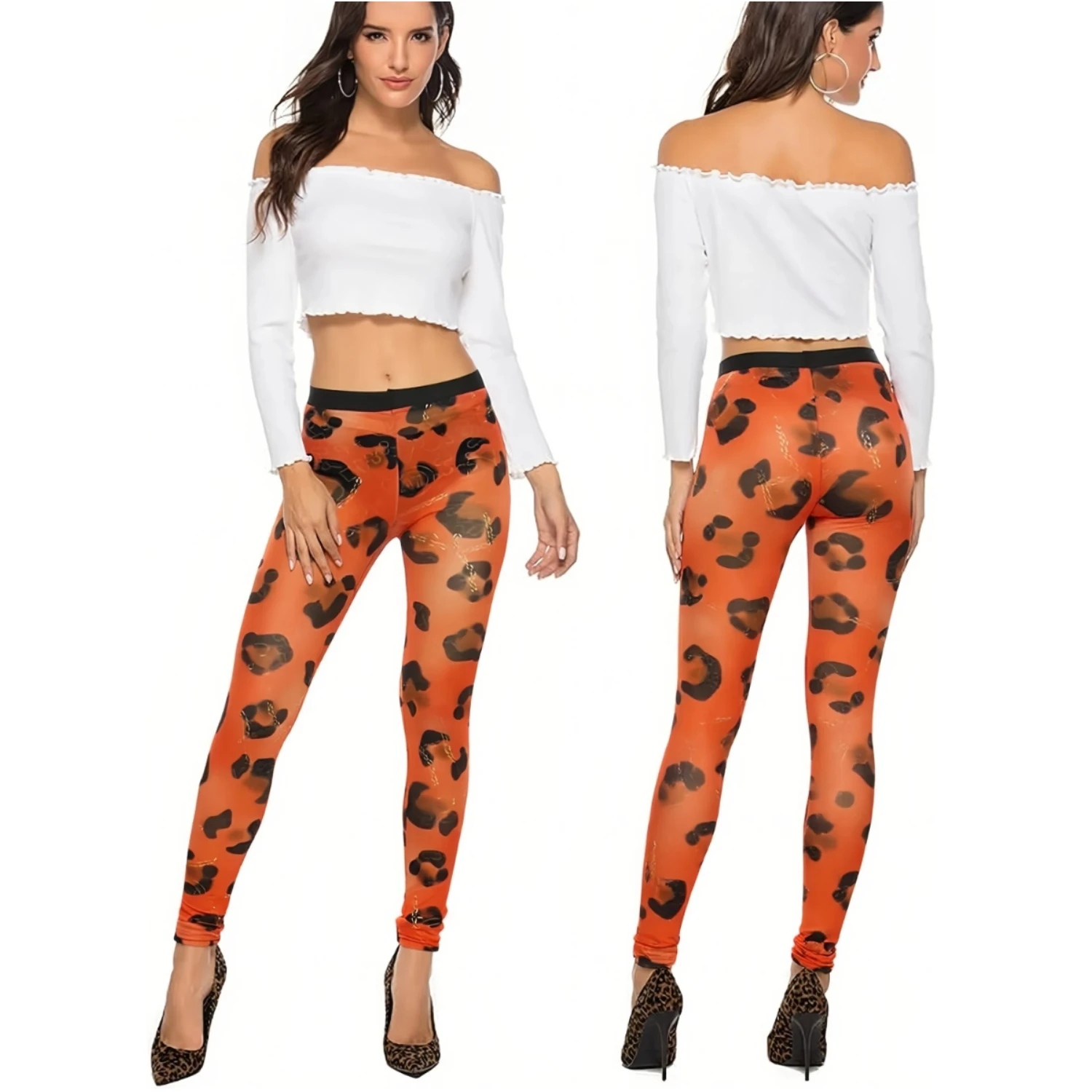 Women See Through Orange Leopard Print High Waist Stretch Skinny Leggings Slim Fit Full Length Casual Party Pants