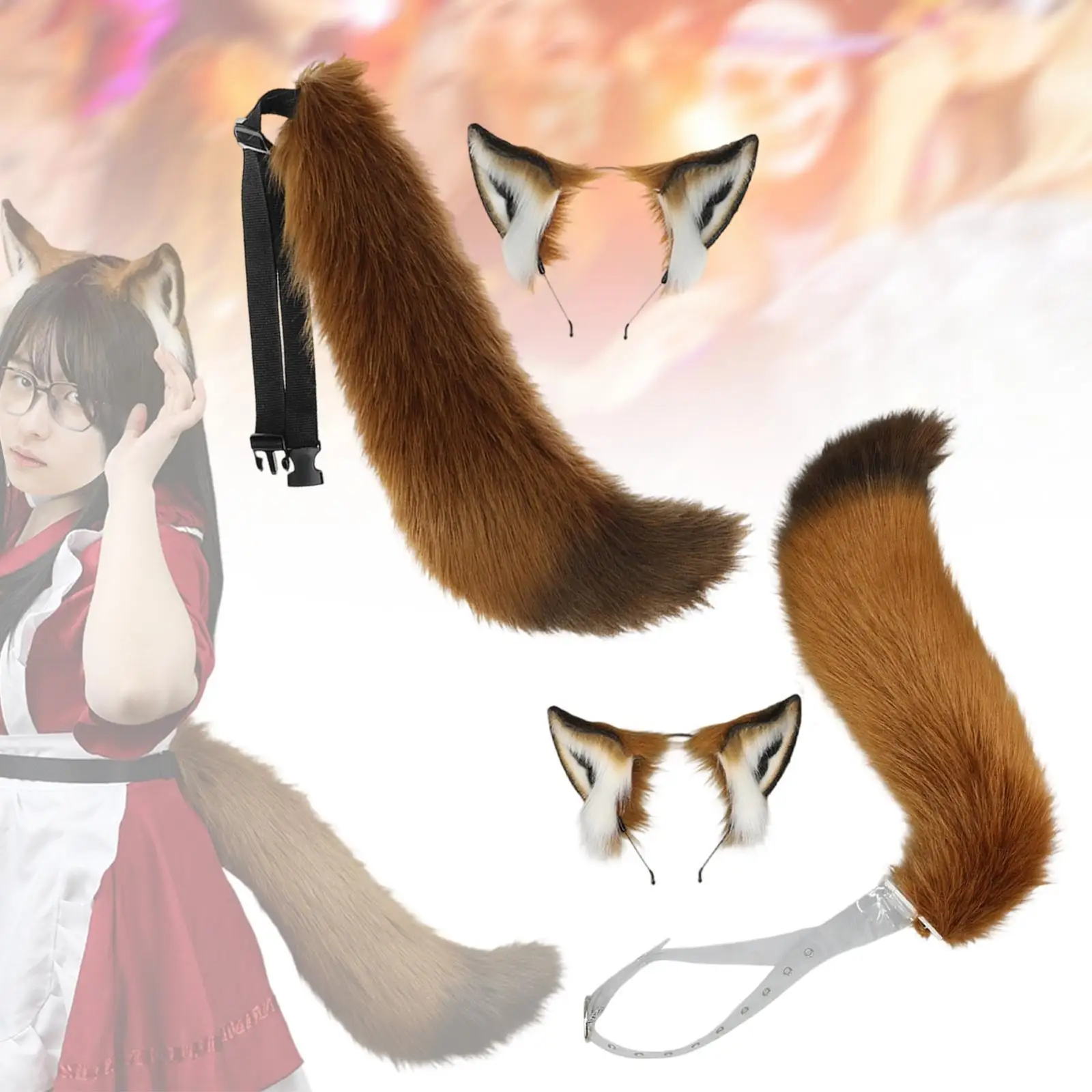 

Ears Headband and Tail Set Adjustable Belt for Kids Adults Long Tail