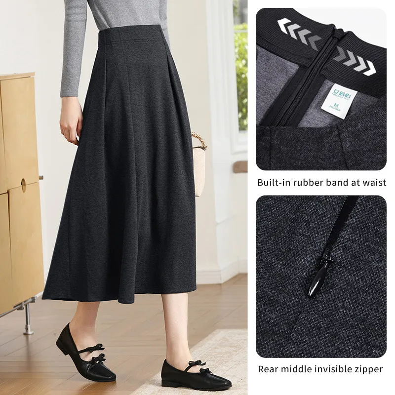 I BELIEVE YOU Dark Grey Wool Blend Knitted Midi Skirt 2026 Autumn High Waist A-Line Warm Comfortable Ladies Skirt 2263026443