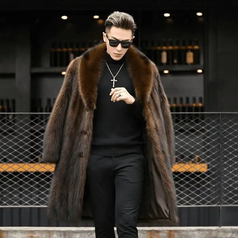 

2024 New Big Fur Collar Overcoat Men's Autumn Winter Artificial Mink Coat Casual Fashion Street Raccoon Tops Outer Garment Male