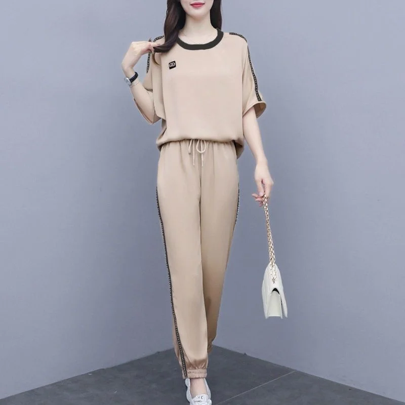 

Женский комплект из двух предметов, топ с коротким рукавом и брюки, повседневный модный костюм из вискозы, одежда больших размеров для женщин, весна-лето 2023