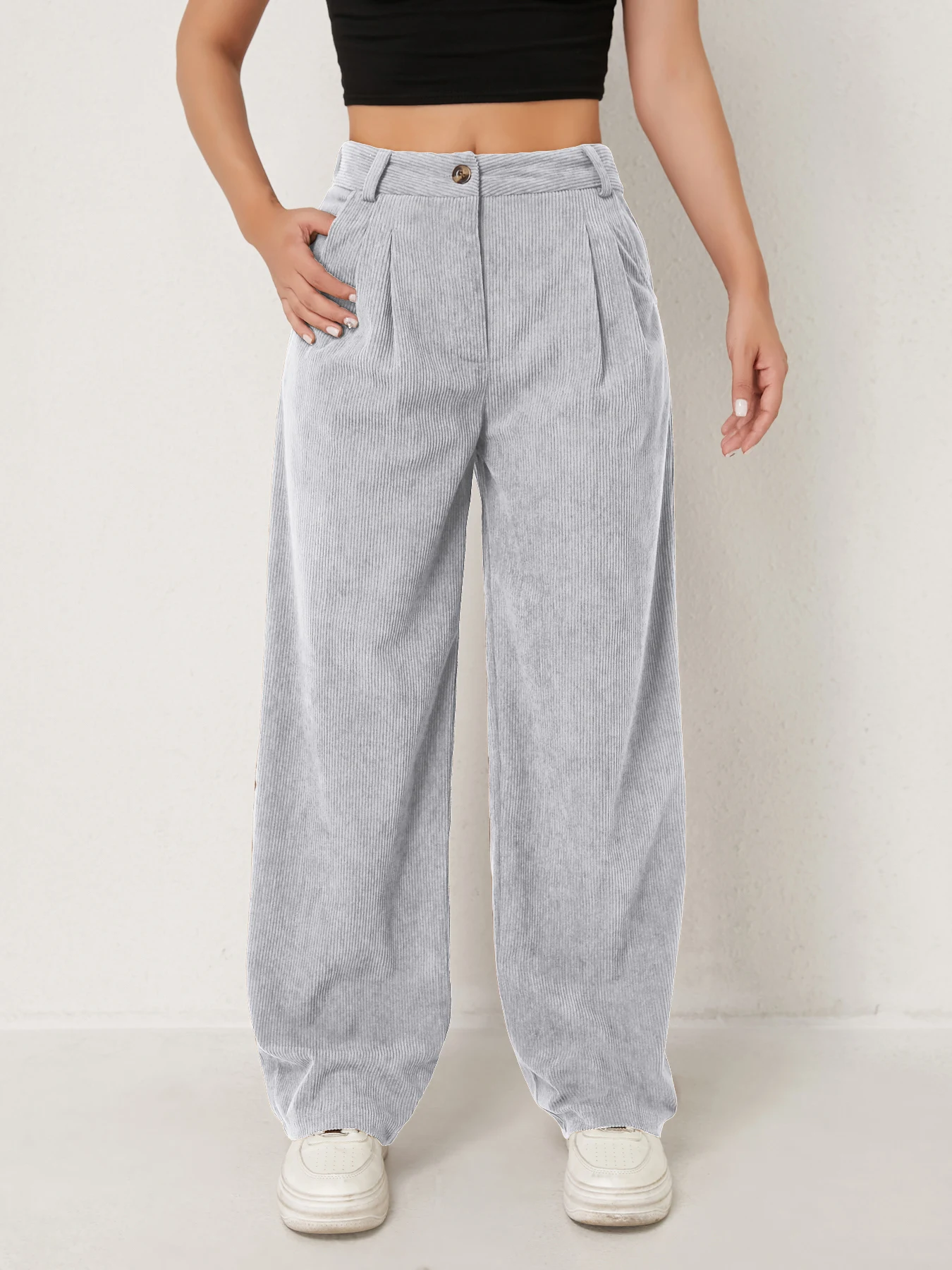Neue Herbst- und Winter-Freizeitanzüge für Damen in Unifarben aus Cord mit weitem Bein und geraden, samtartigen Hosen, die schlank aussehen – Detail 14