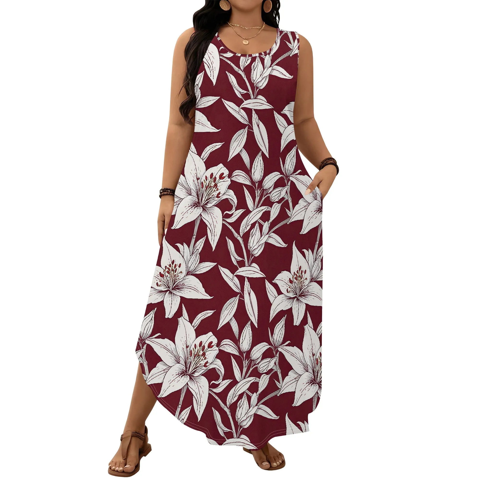 

Women's Summer Boho Midi Dress 2025 Vacation Sleeveless V Neck Casual Loose Long Beach Sundress with Pockets