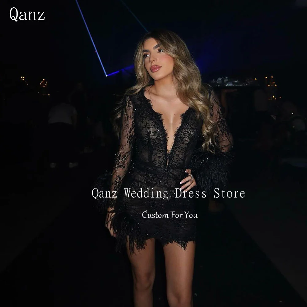 Qanz Feather Black Prom Dresses Long Sleeves Black Lace Dress Party Night Above Knee Robe De Soirée Luxe élégante Customized