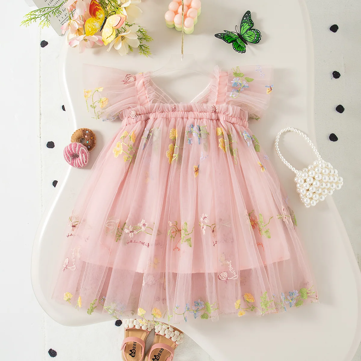 Summer New Girls\' Dress Halter Small Flying Sleeve Embroidery Pattern Wings Sweet Princess Dress Mesh Princess Dress