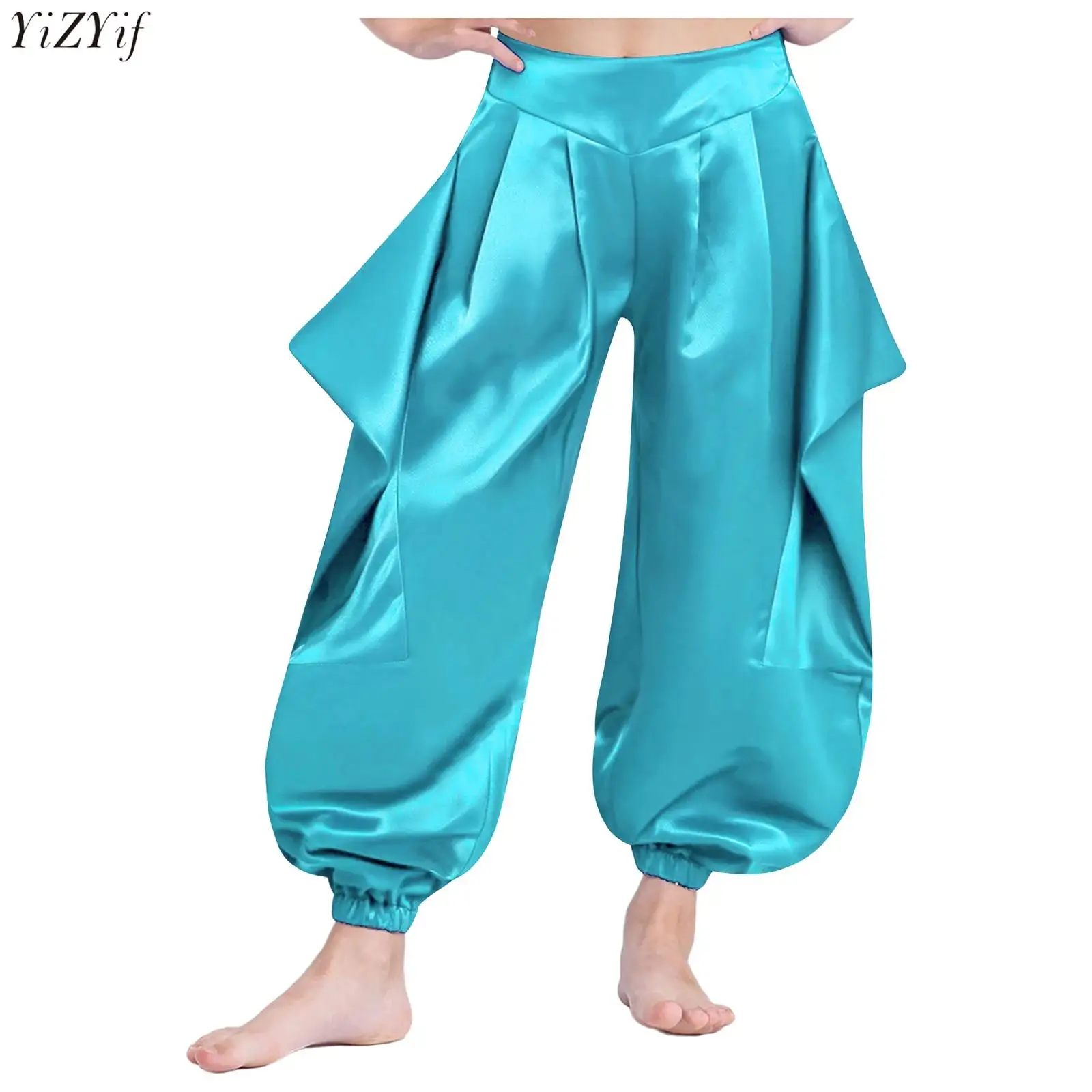 

Kids Girls Belly Dance Harem Pants Solid Color Ruffled Half Elastic Waistband Pants for Indian Dancing Practice Performance