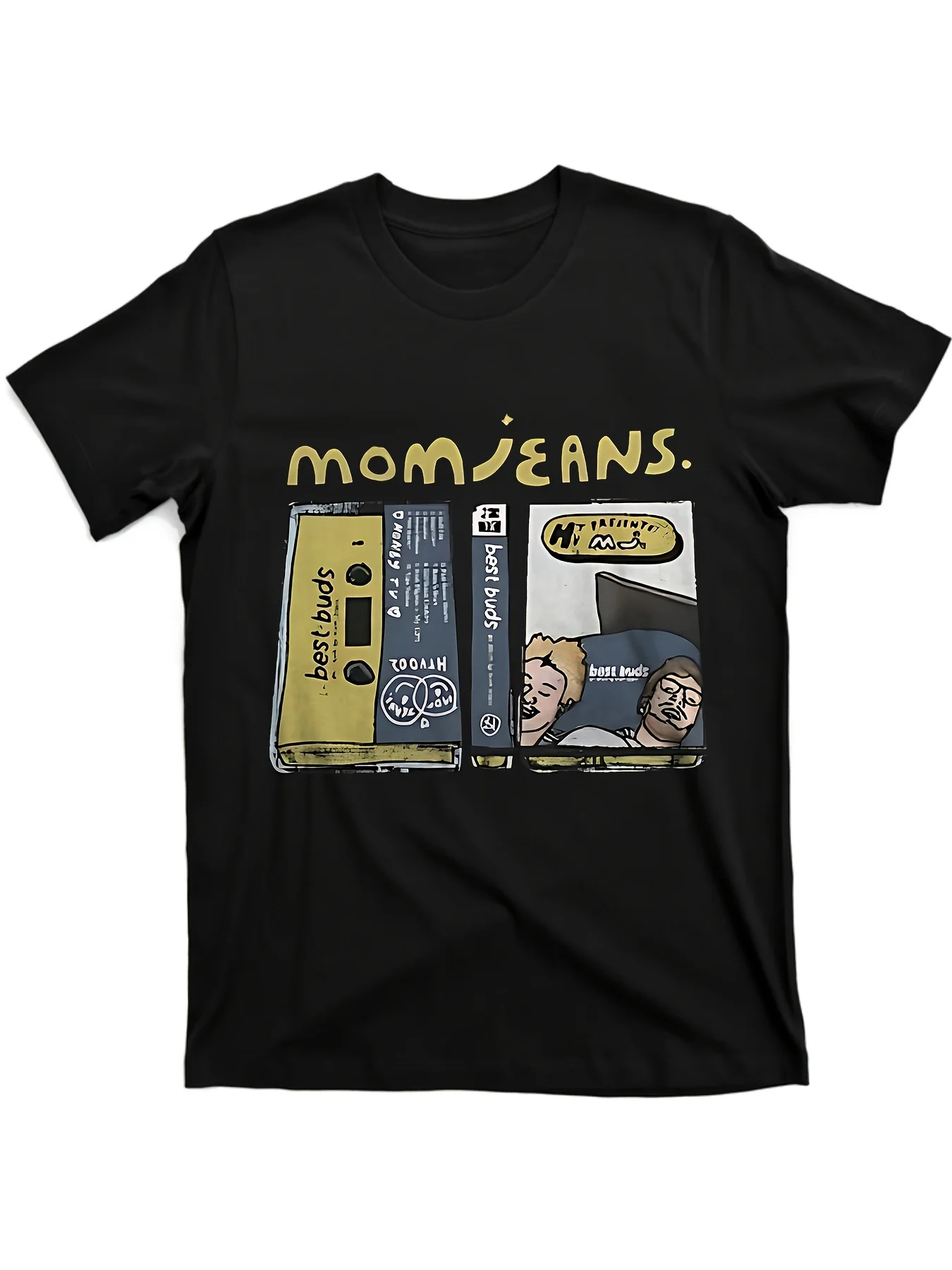 Camiseta gráfica de la banda Mommy Jeans - Unisex con diseño de cinta de casete y texto "Mom Jeans". Nueva ropa de calle de primavera/verano en pura lana