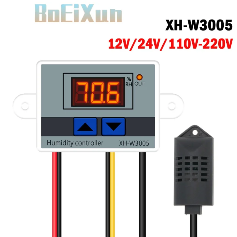 0~99%RH XH-W3005 Digital Humidity Controller 220V 12V 24V Hygrometer Humidity Control Switch Hygrostat with NTC Humidity Sensor