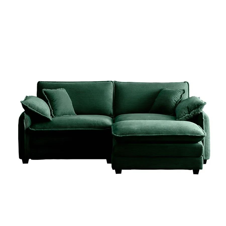 Zweisitzer-Sofa mit einer Fußstütze, L-förmiges 2-Sitzer-Sofa mit Ottomane für kleine Wohnräume, grüner Cord