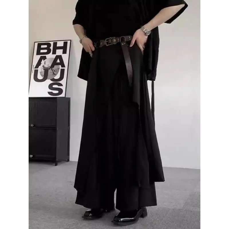 

Японские дизайнерские самурайские брюки унисекс, искусственные широкие брюки из двух предметов для мужчин, повседневная уличная одежда, брюки-кюлоты с струящейся лентой