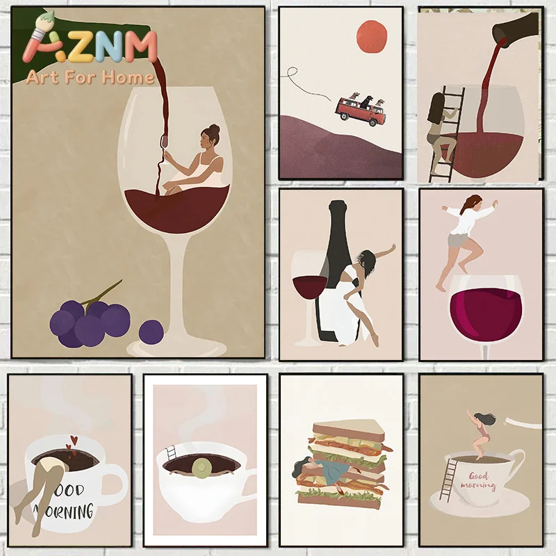 Funny Abstract Red Wine Coffee Sandwich Girl Wall Art Poster Canvas Paintings and Print Minimalist Kitchen Home Decor Framele