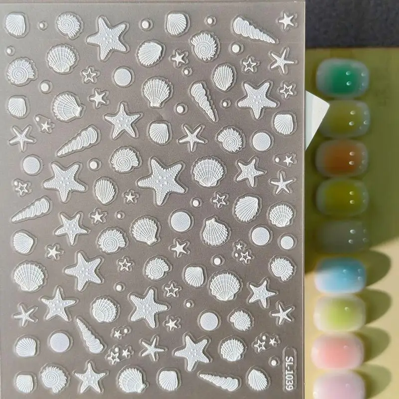 Sommer Strand Nagelaufkleber 5D Geprägte Seestern Muschel Aurora Nagelkunst Abziehbilder Niedliches Ozean-Thema Maniküre Dekoration Urlaub Y2K – Detail 1